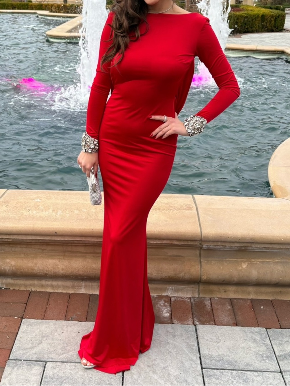 Elegant Red Long-Sleeve Evening Gown